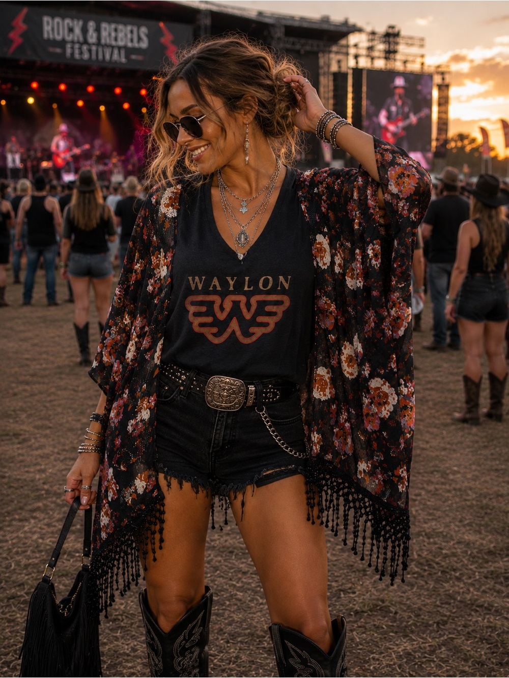 Waylon Logo Graphic Tee with Floral Fringe Kimono